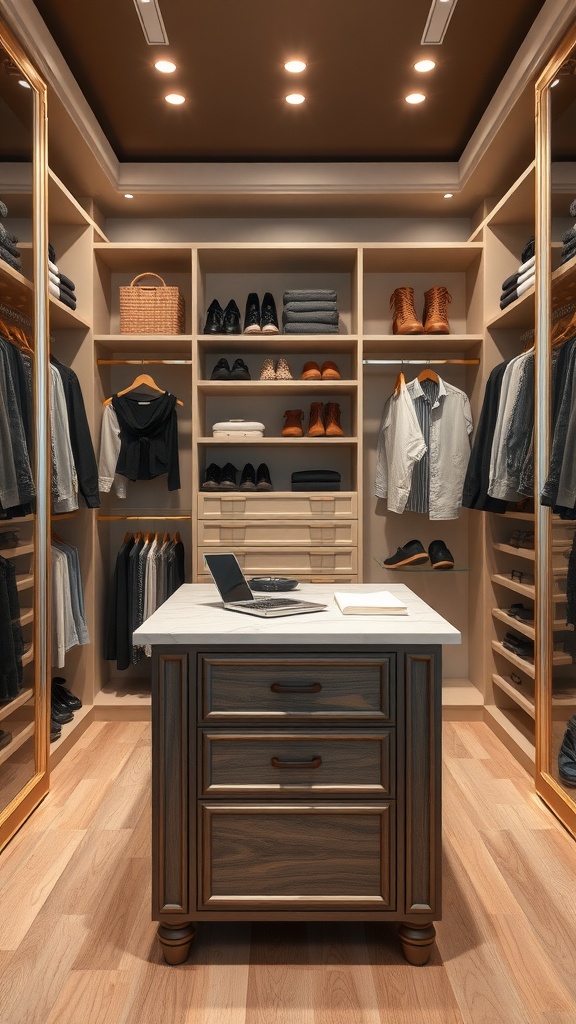 A stylish bedroom closet featuring a central island with a marble top and organized shelving.