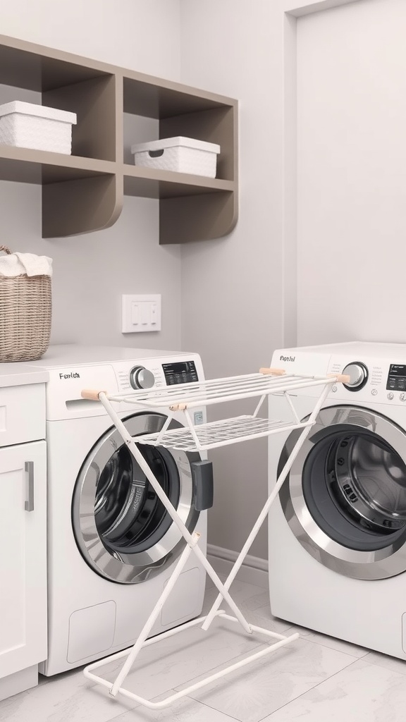 A modern laundry room featuring a foldable drying rack next to two washing machines and shelves above.