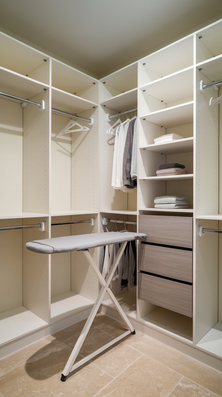 Image of a bedroom closet with a fold-down ironing station, including an ironing board and iron.