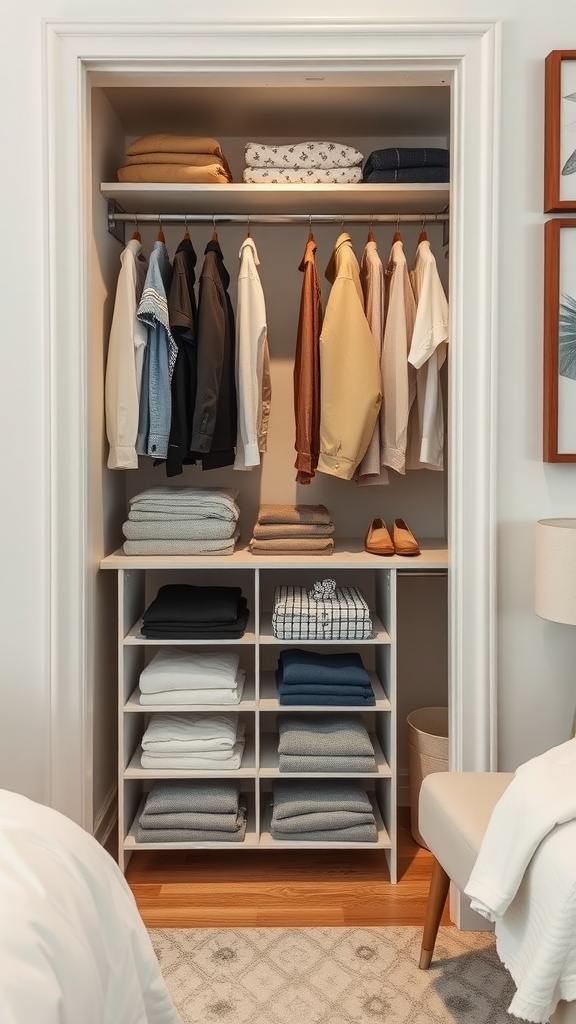 Neatly organized bedroom closet with a folding station and hanging clothes