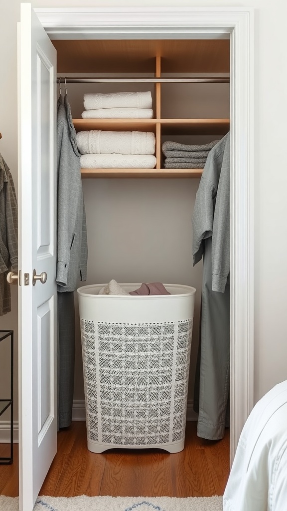 A tidy bedroom closet with a white laundry hamper, folded towels, and hanging clothes.