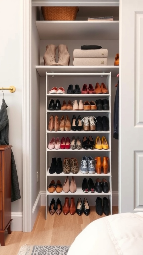 Shoe rack with various pairs of shoes organized neatly in a closet.