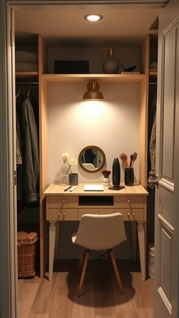 A stylish small desk area in a closet with a mirror, lamp, and storage.