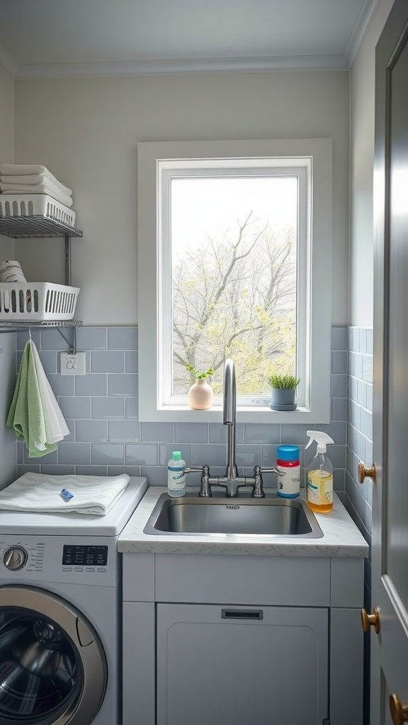 A laundry room featuring a utility sink beside a washing machine, with a window letting in natural light.
