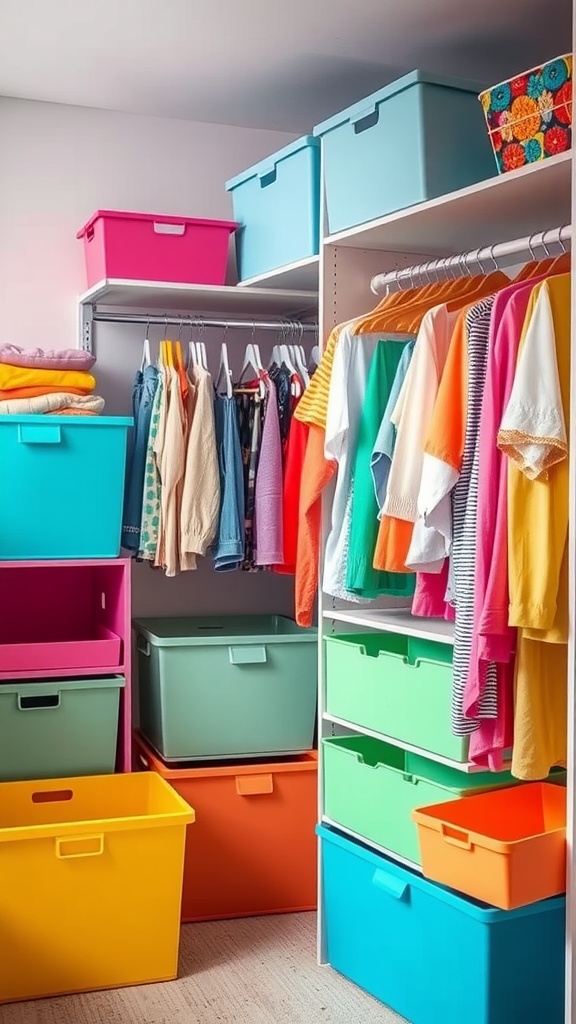 A colorful bedroom closet featuring various storage bins in vibrant hues and neatly arranged clothing.