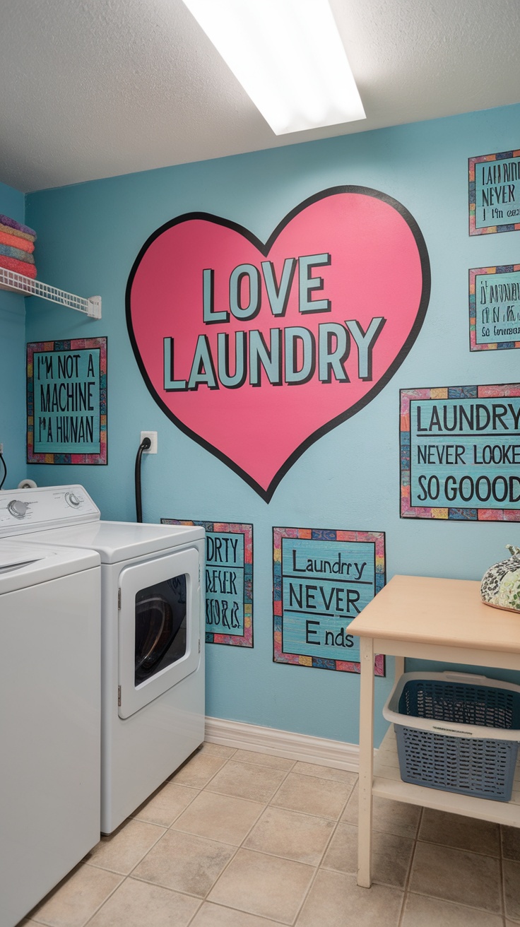 Colorful wall art displayed above laundry machines in a modern laundry room.