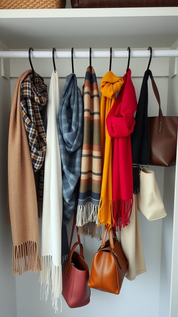 A closet display showing scarves and bags neatly organized on hooks