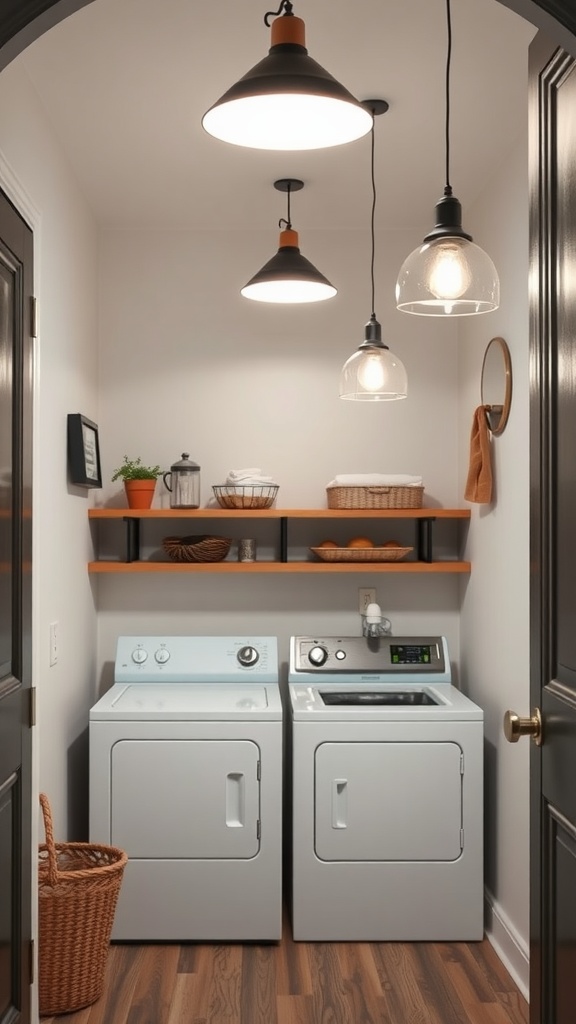 A stylish laundry room featuring three different light fixtures, a washer and dryer, and shelves with decorative items.