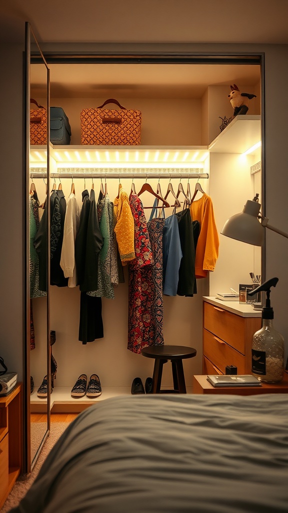 Cozy closet with illuminated lighting, showcasing various clothing and accessories.
