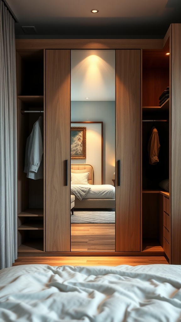 A stylish wooden closet with mirrored doors reflecting a cozy bedroom setup.