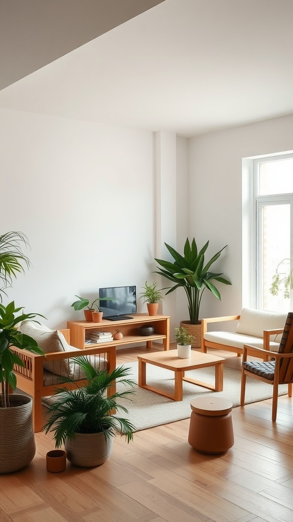 A minimalist living room featuring wooden furniture, plants, and a soft rug.
