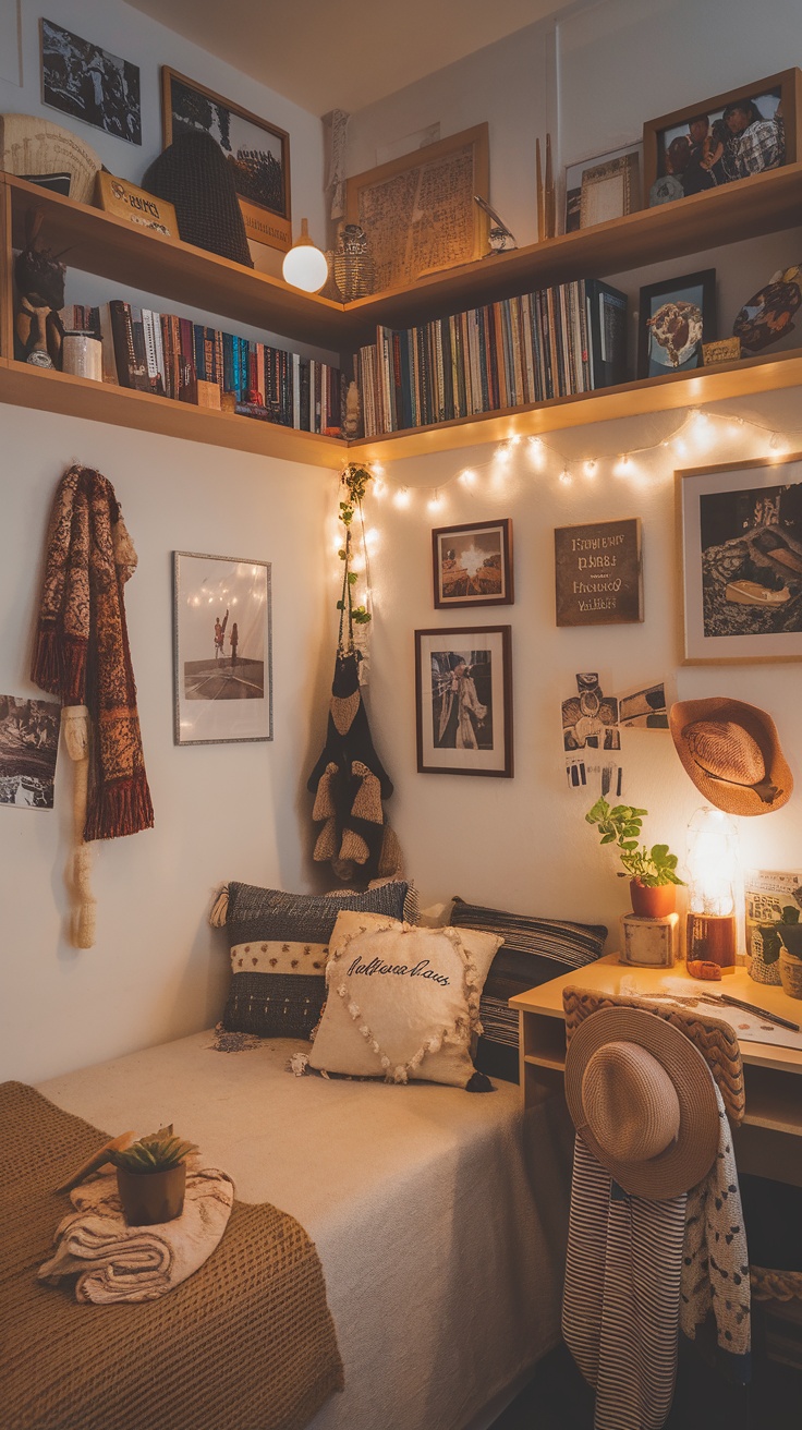 A cozy small bedroom with a gallery wall of framed photographs, a wooden bed, and decorative chest.