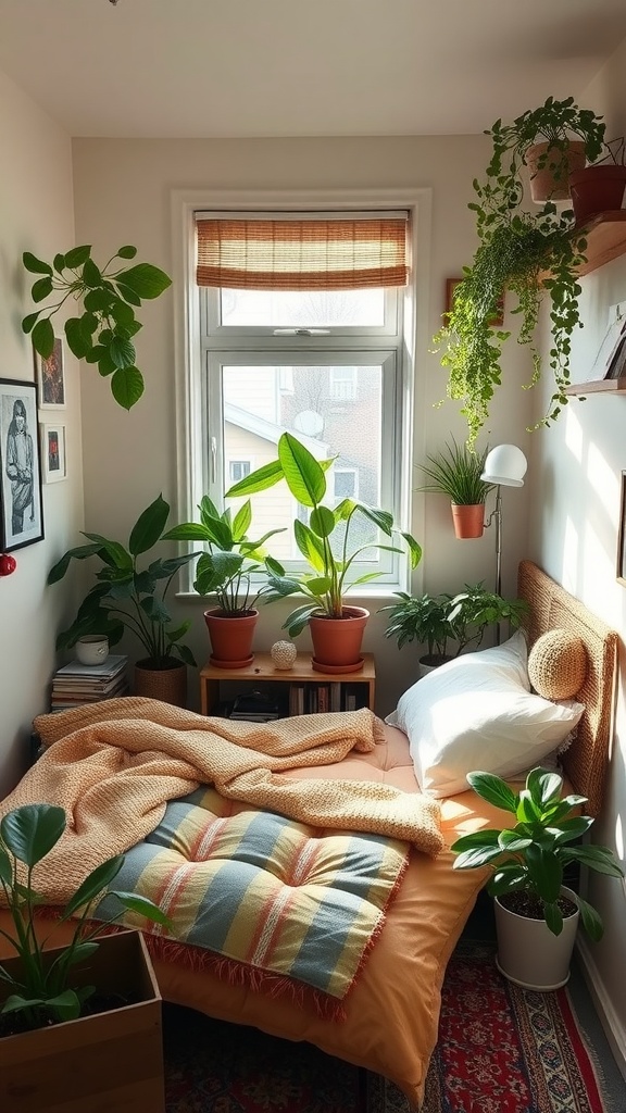 A small bedroom filled with various plants, showcasing cozy bedding and natural light.