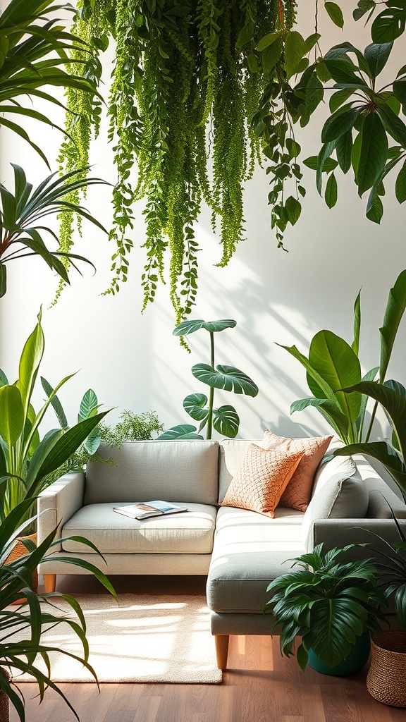 A sectional sofa surrounded by various indoor plants in a bright room.