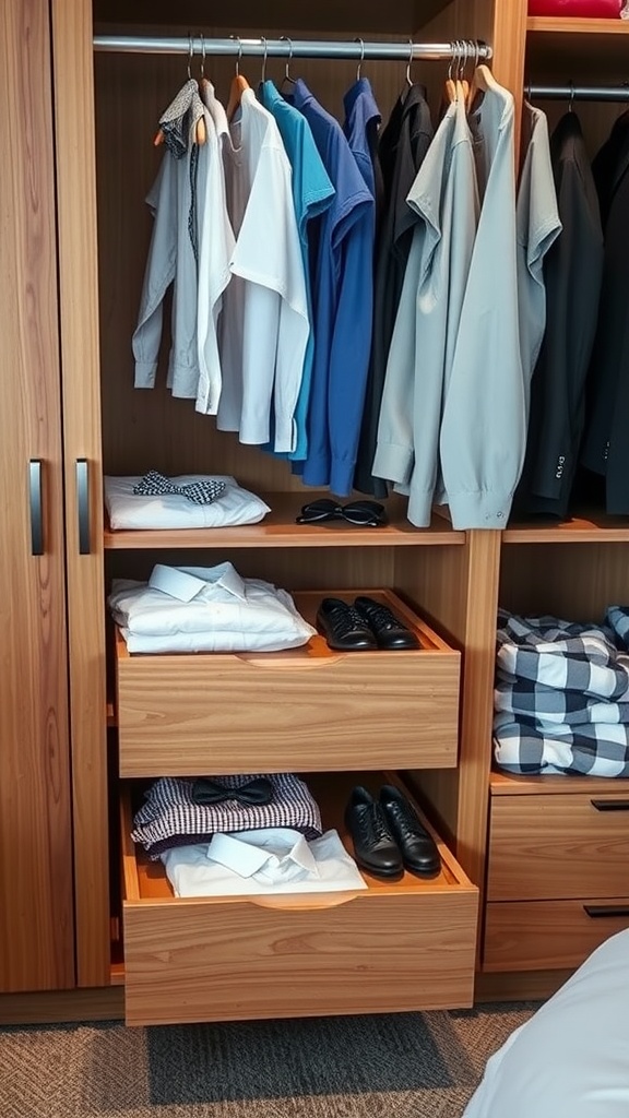 A wooden closet featuring pull-out drawers with neatly folded shirts and shoes.