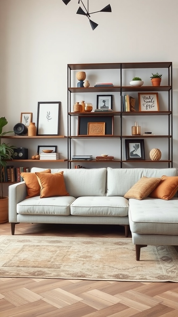 A stylish living room featuring a sectional sofa and decorative shelving filled with various decor items.