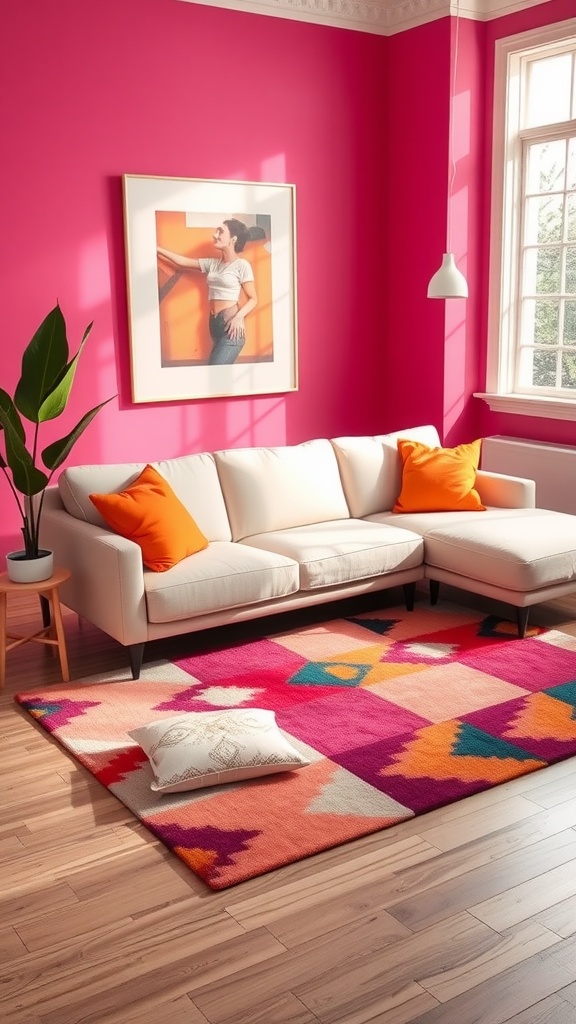A stylish living room with a sectional sofa, colorful statement rug, and vibrant pink walls.