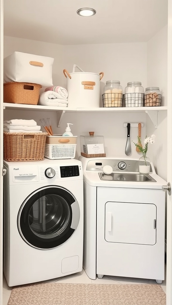 A well-organized laundry room featuring stylish storage solutions with baskets, jars, and neatly arranged laundry appliances.