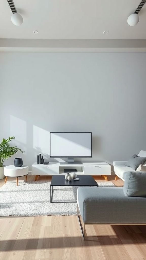 A minimalist living room with a television, sleek furniture, and natural elements.