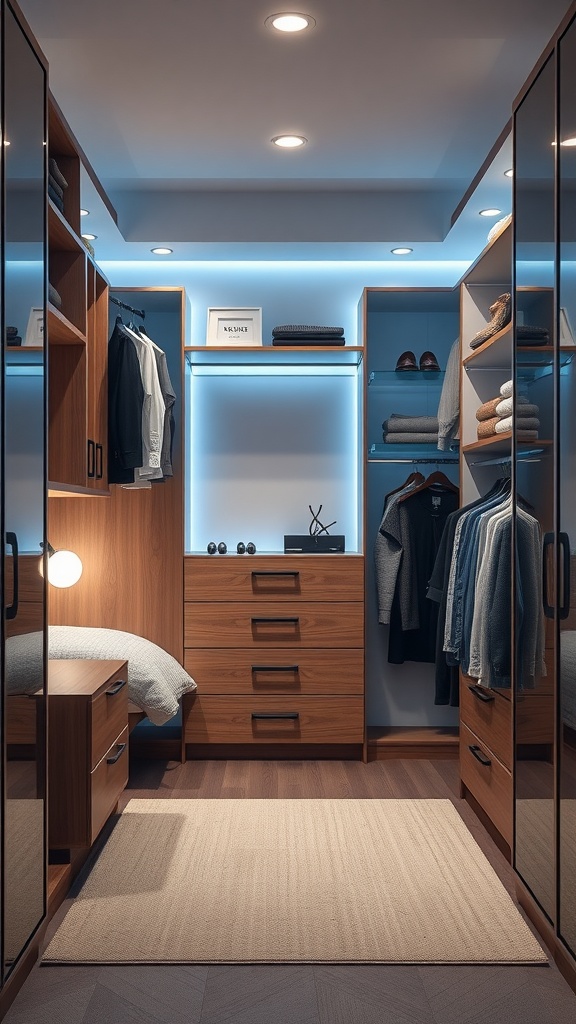 A modern bedroom closet featuring smart technology and LED lighting with organized shelves and drawers.