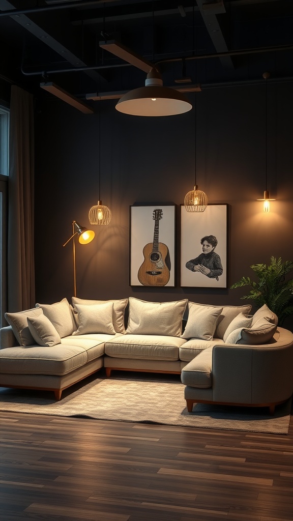 A stylish living room featuring a sectional sofa and various lighting fixtures.
