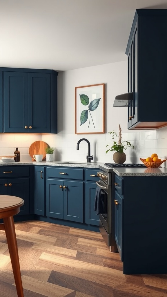 A kitchen featuring indigo blue cabinets, natural wood flooring, and a modern aesthetic.