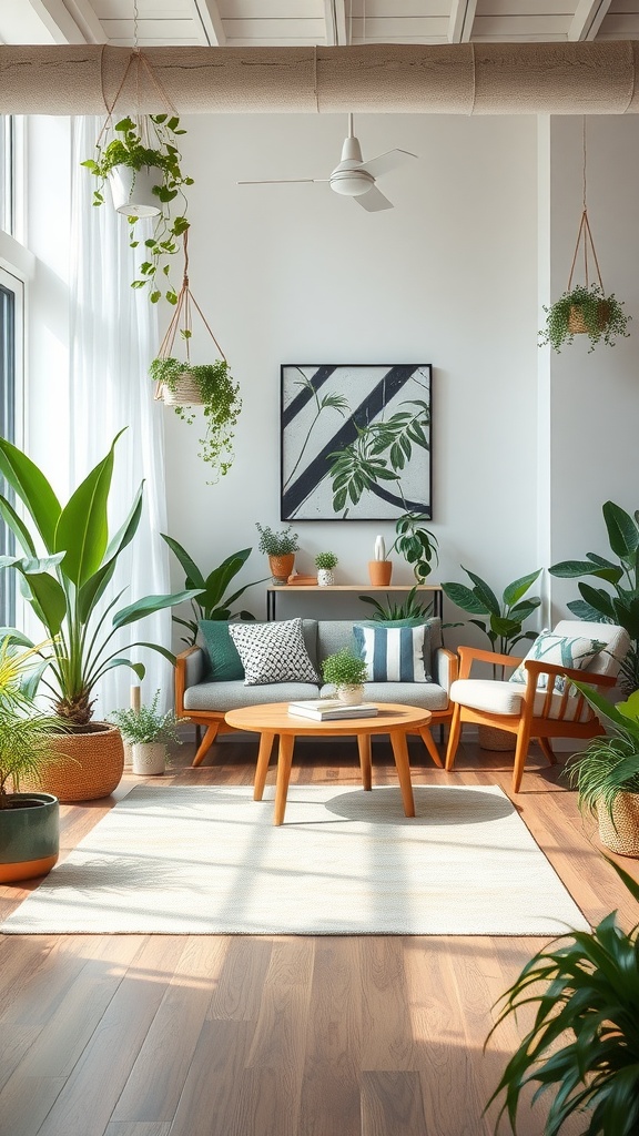 A contemporary living room with various indoor plants, a cozy sofa, and natural wood furniture.