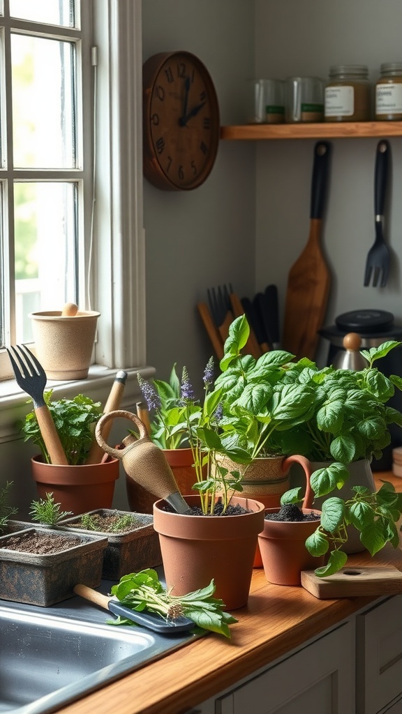 A cozy indoor kitchen with various potted herbs like basil and rosemary on a wooden countertop, with kitchen tools and natural light.