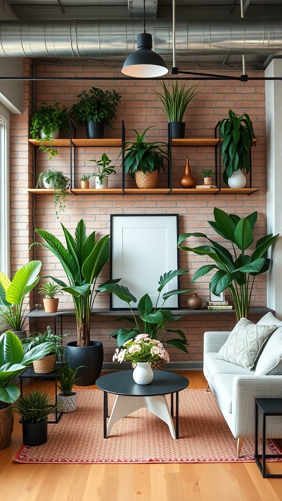 A stylish living room featuring various indoor plants, a modern coffee table, and a comfortable sofa against a brick wall.