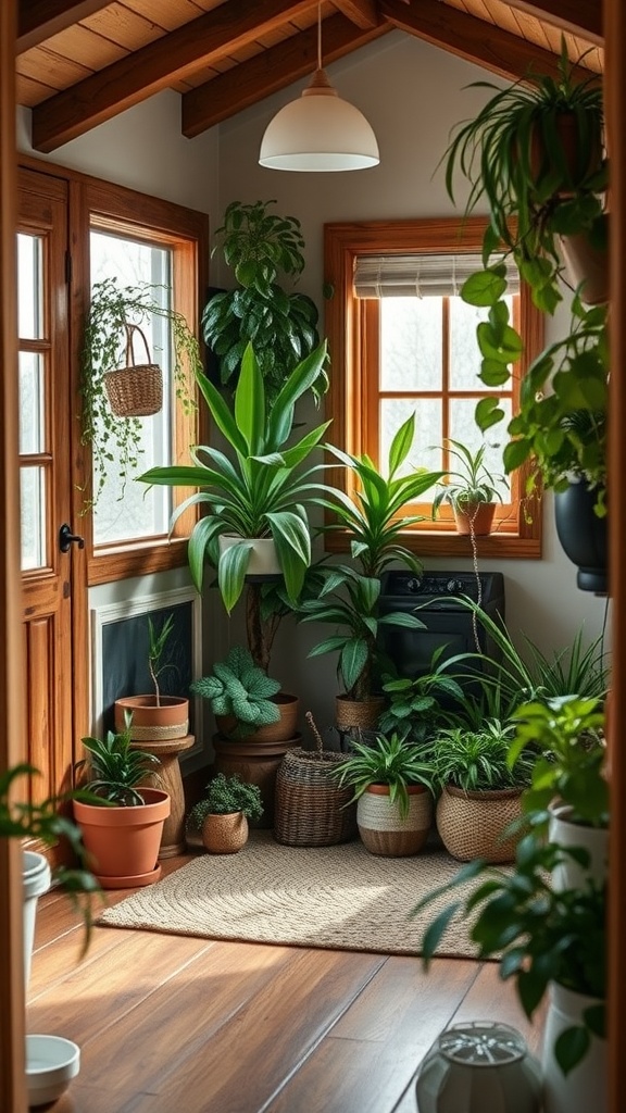 A cozy indoor space filled with various indoor plants in pots, showcasing a bright and inviting atmosphere.
