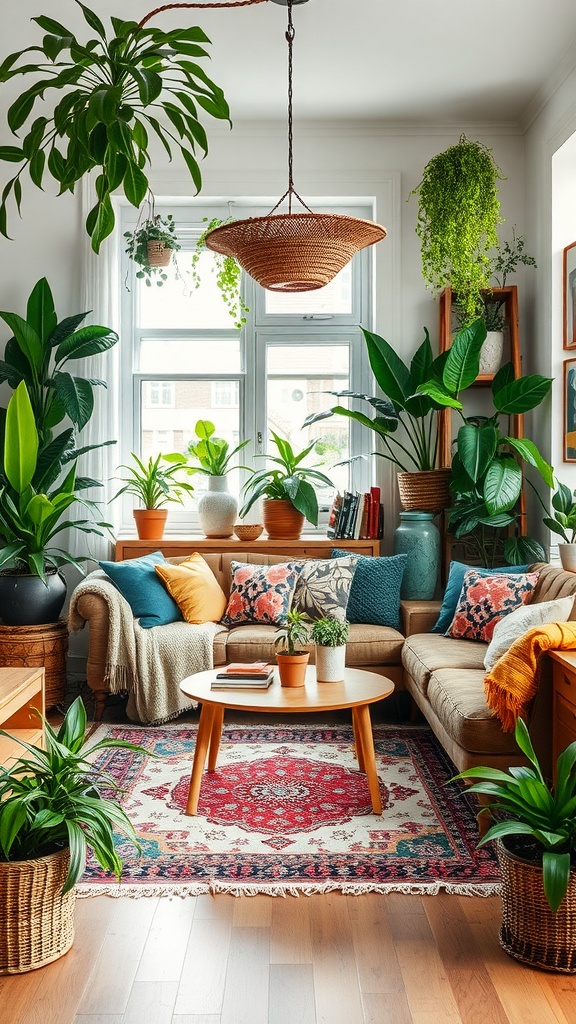 Cozy boho living room filled with indoor plants, vibrant cushions, and a patterned rug.