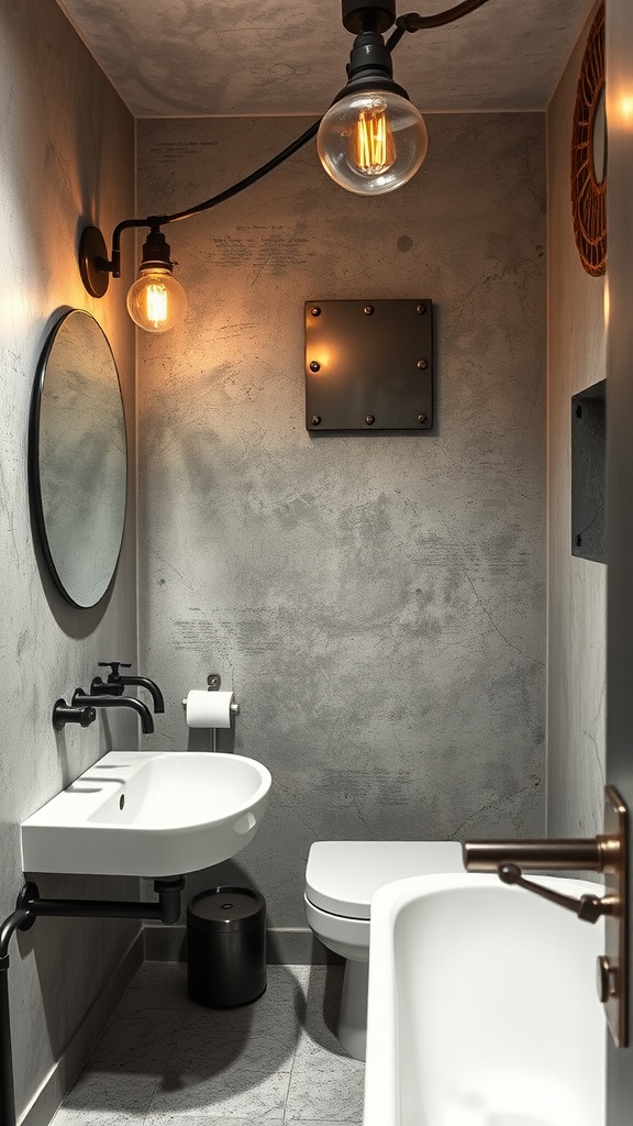 A stylish industrial chic bathroom featuring concrete walls, a wall-mounted sink, and vintage-style lighting.