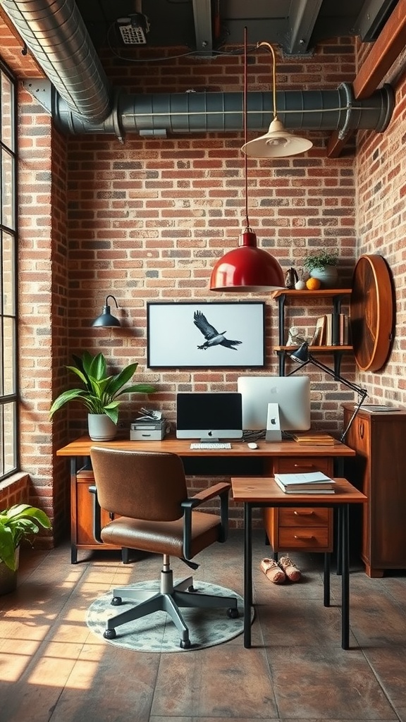 An industrial chic home office with exposed brick walls, a wooden desk, and modern decor elements.