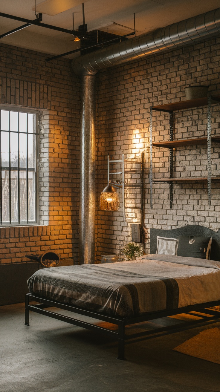 Industrial chic bedroom featuring exposed brick walls, a metal bed frame, and warm lighting.