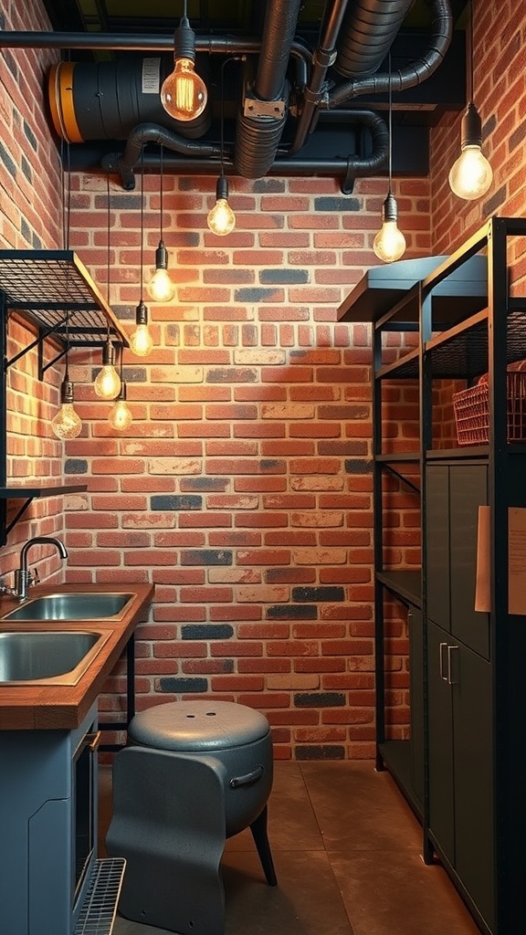 An industrial chic utility room featuring exposed brick walls, metal shelving, and stylish pendant lighting.