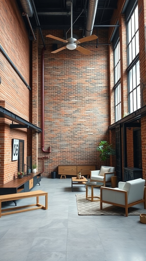 A spacious industrial-style room with a brick wall, modern furniture, and large windows.