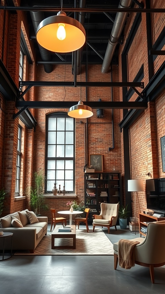 A stylish urban loft featuring exposed brick walls, modern furniture, and large windows, creating an inviting atmosphere.