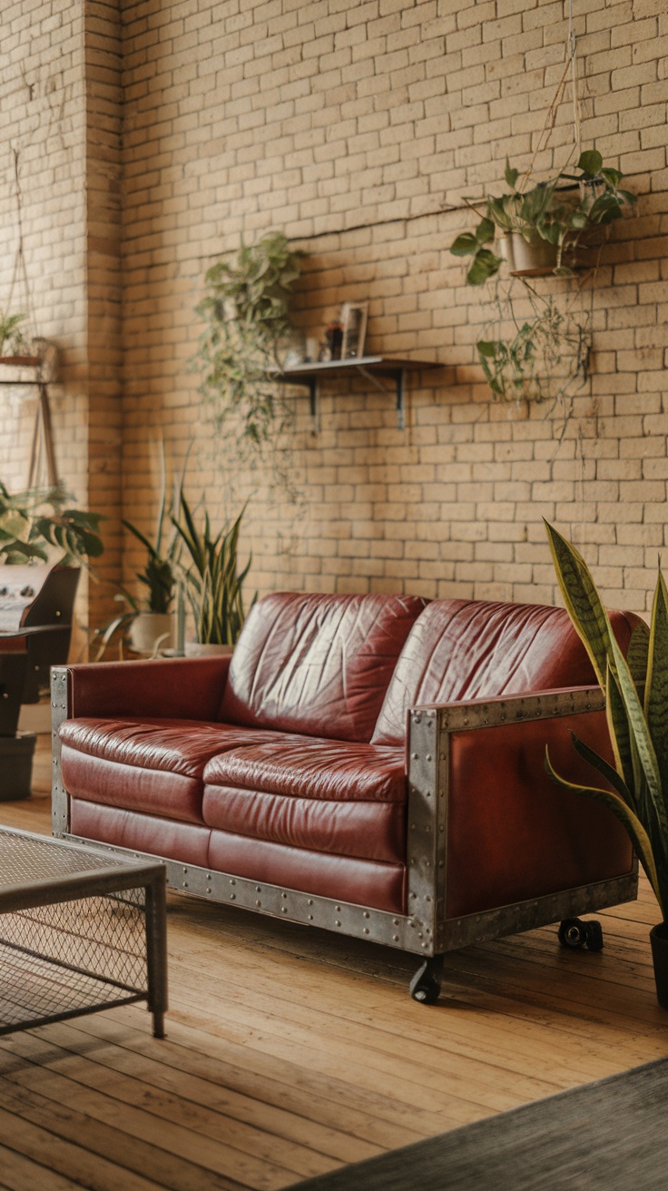 A stylish industrial leather couch with tufted design and metal accents, set against a brick wall.