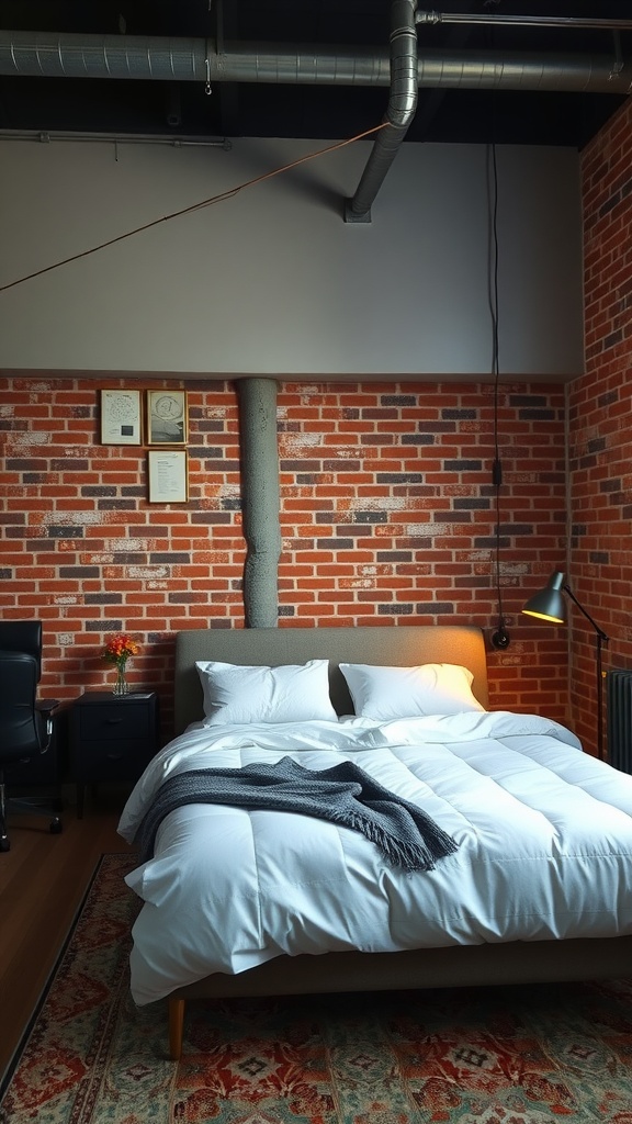 A cozy industrial bedroom featuring exposed brick walls, a comfortable bed, and stylish decor.