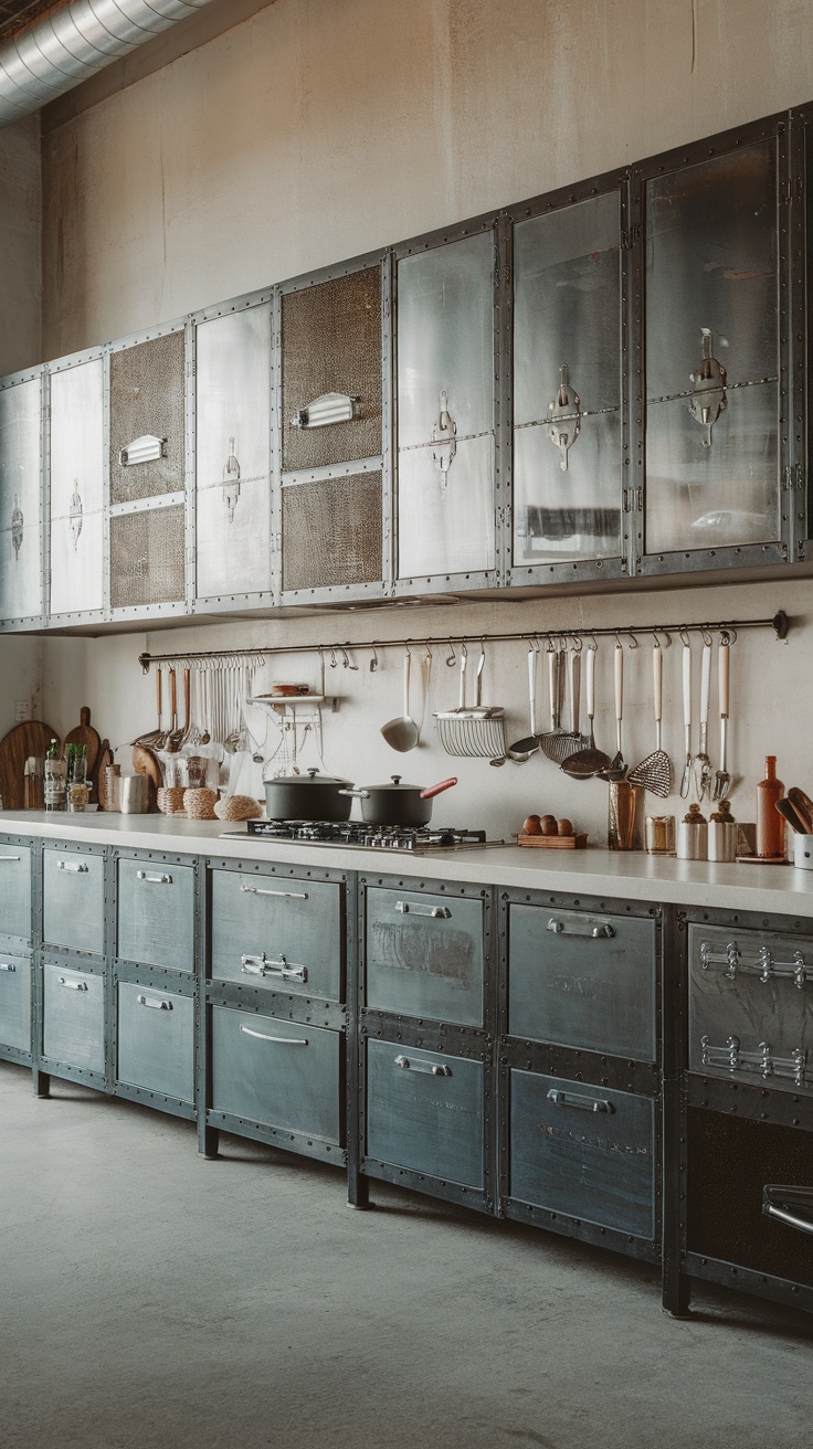 A modern kitchen featuring industrial metal accents and rustic wooden cabinets.