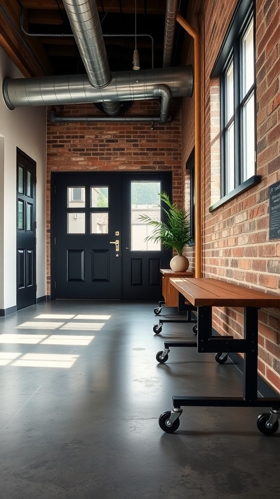 An industrial style bench with wheels, wooden top and metal frame, placed in a stylish entryway.