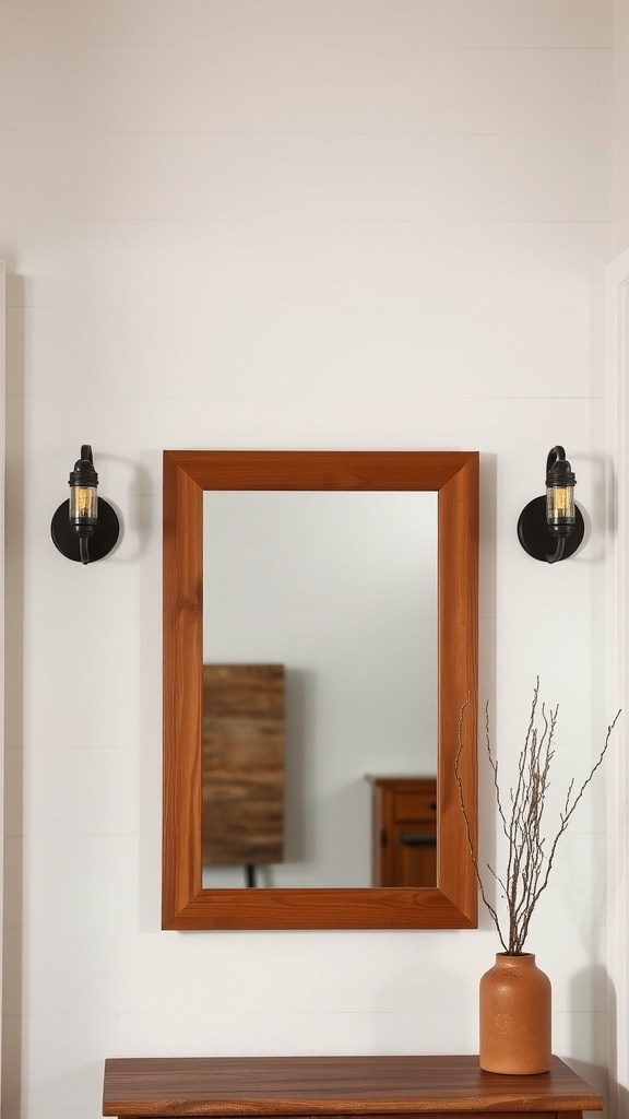A cozy interior featuring industrial wall sconces flanking a mirror, with a wooden table and vase