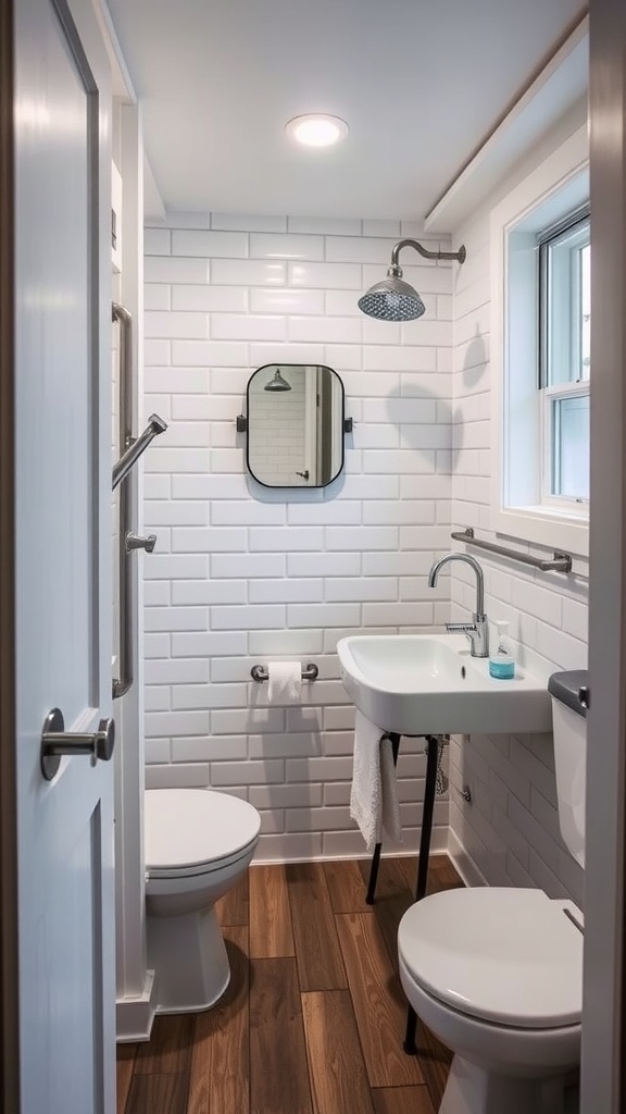 Innovative bathroom layout in a tiny house with white subway tiles and wooden flooring.