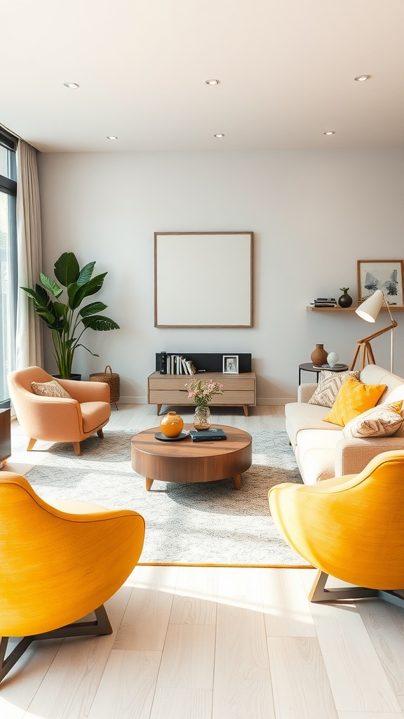 A contemporary living room featuring bright yellow armchairs, a comfortable sofa, and a low round coffee table, creating an inviting atmosphere.