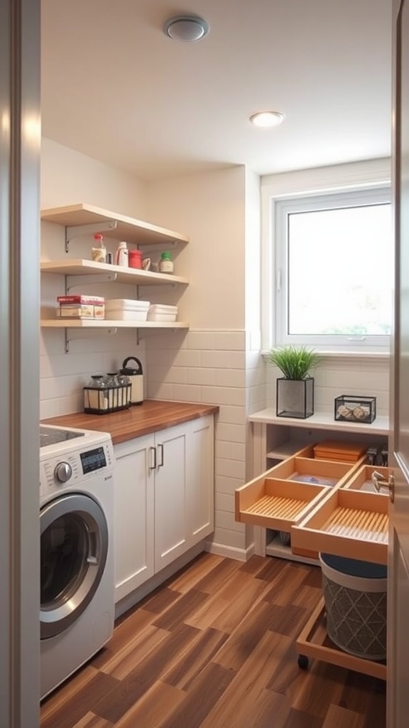 Modern utility room with a washing machine, wooden countertop, open shelves, and organized drawers