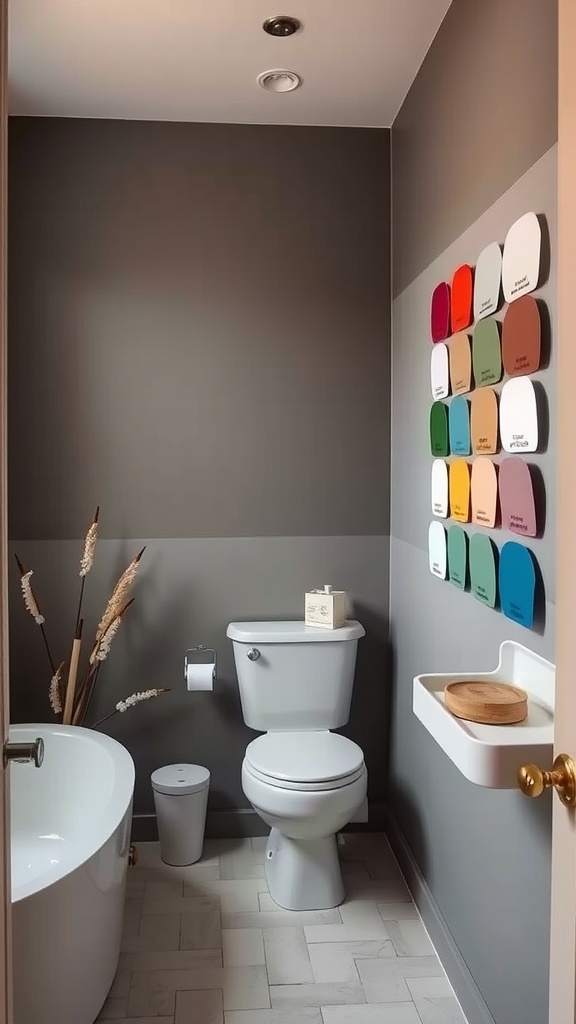 A contemporary bathroom with gray walls and colorful paint swatches on display.