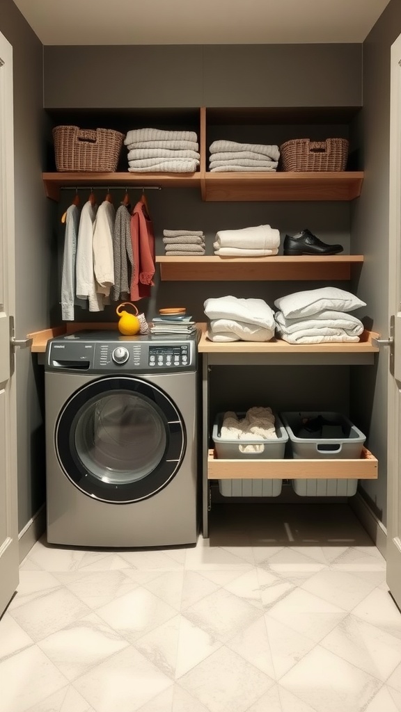 A modern laundry room with a washing machine, pull-out hampers, and shelves for storage.