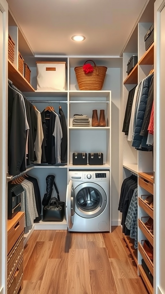 A walk-in closet featuring an integrated laundry solution with a washing machine and organized shelves.