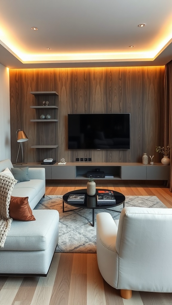 A modern living room featuring a wall-mounted TV, integrated lighting, and stylish furniture.