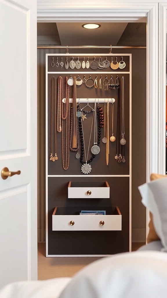 A stylish jewelry organizer featuring hooks for earrings and necklaces, along with drawers for storage.